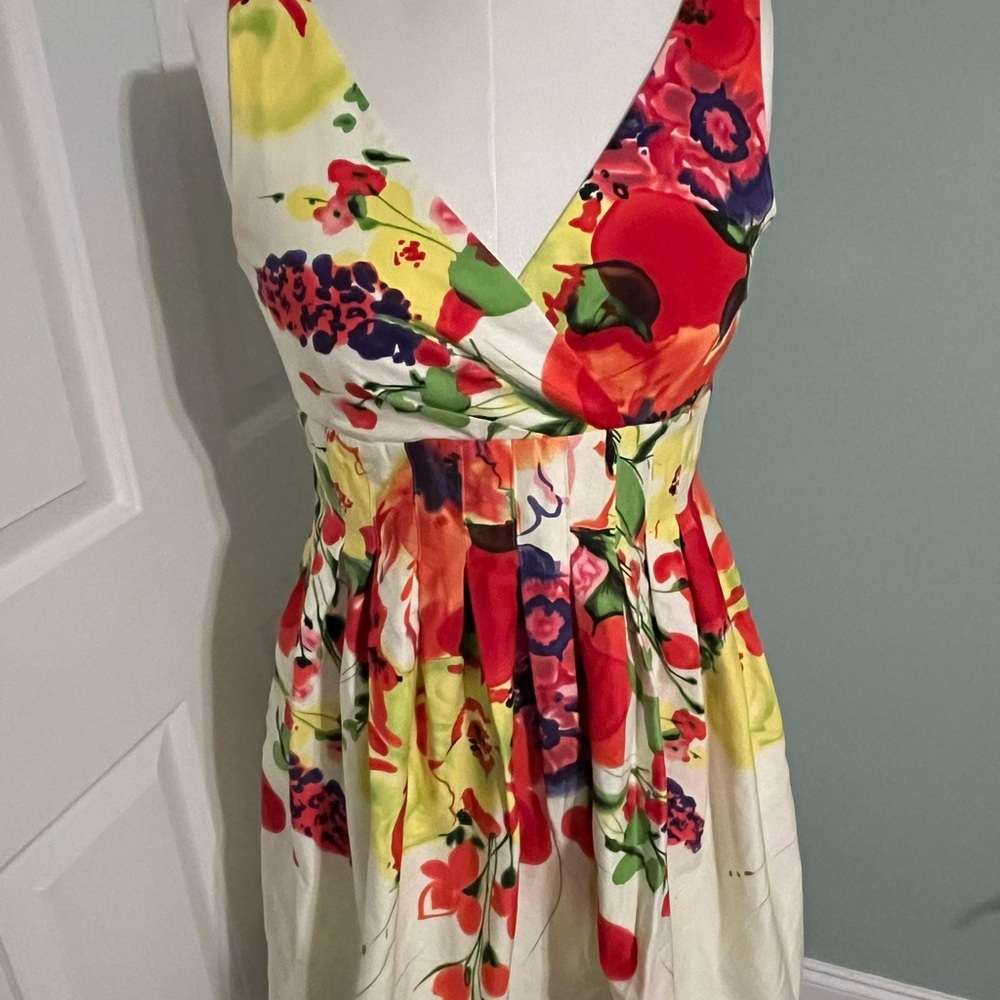 new directions White Floral V-Neck Fit & Flare Dress with Red, Yellow & Green